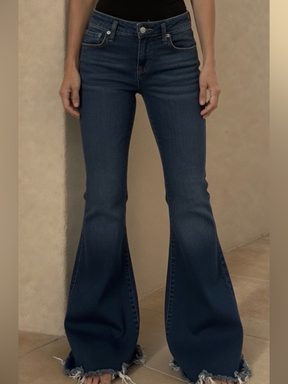 We The Free Dark Blue Flare Jeans with Raw Hem
